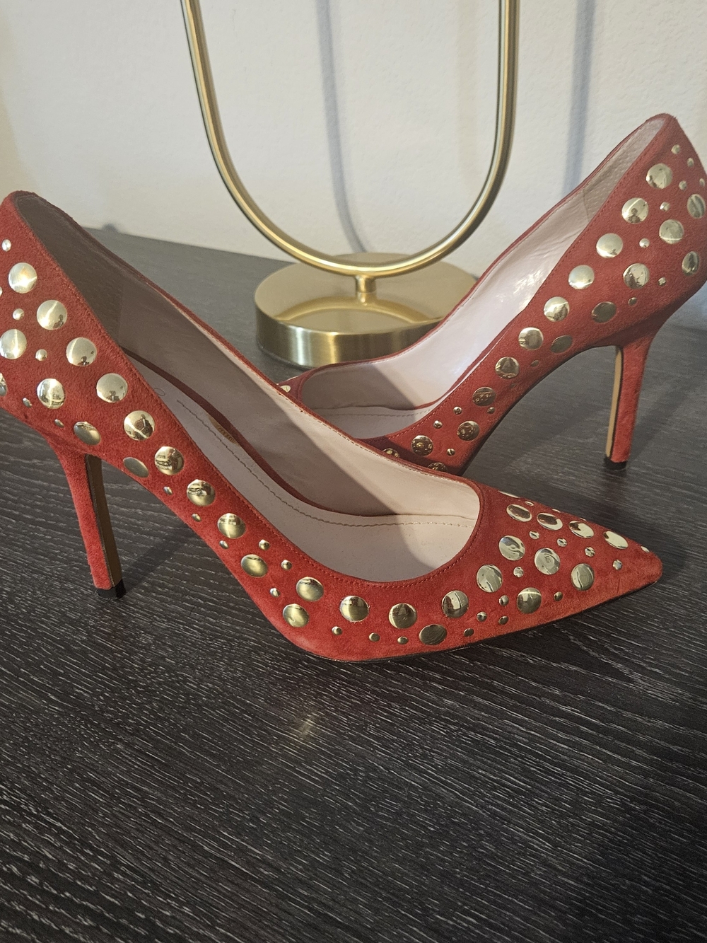 Vince Camuto Red Suede Pointed-Toe Studded Stilettos